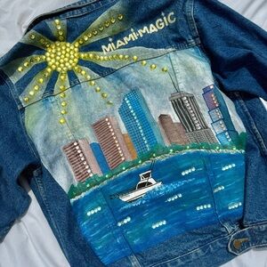 Custom Hand-Painted Miami Magic Skyline & Wizard Vintage Denim Jacket
